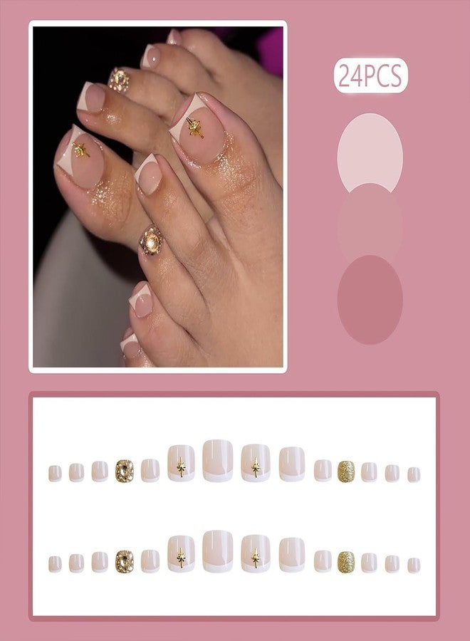 HJKDSFD 24Pcs White French Tip Press on Toe Nails Short Fake Toenails Nude Square Acrylic False Toenails with Gold Rhinestones Designs Full Cover Reusable Gloss Glue on Toenails for Women and Girls - Image 2